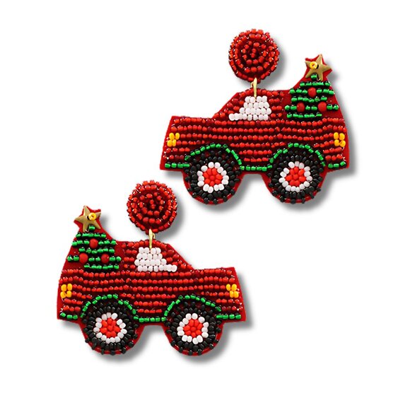 HOLIDAY GIFT BUNDLE - 2 PAIRS OF NEW SEED BEAD EARRINGS - Christmas Tree Trucks - Picture 3 of 4